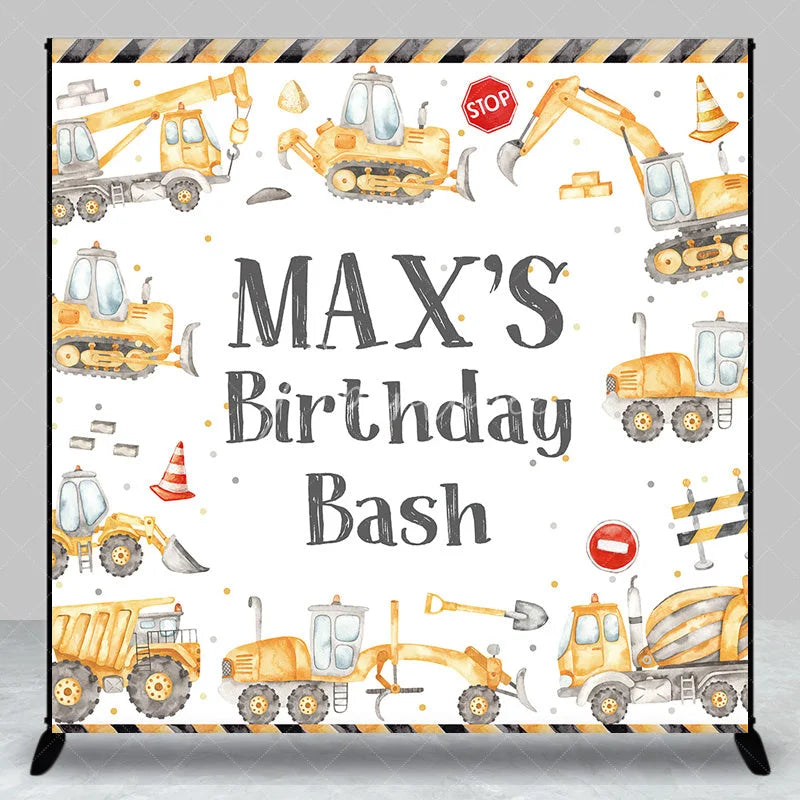 Aperturee - Aperturee Custom Construction Theme Birthday Backdrop with Yellow Vehicles and Personalized Name Kids Party Decor