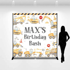 Aperturee - Aperturee Custom Construction Theme Birthday Backdrop with Yellow Vehicles and Personalized Name Kids Party Decor
