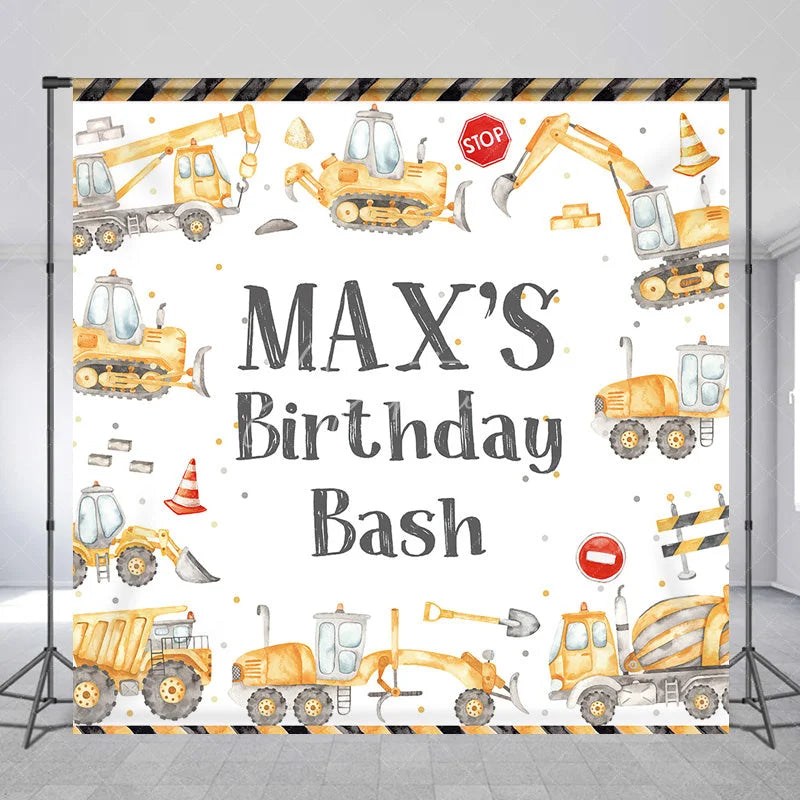 Aperturee - Aperturee Custom Construction Theme Birthday Backdrop with Yellow Vehicles and Personalized Name Kids Party Decor