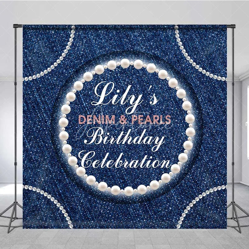 Aperturee - Aperturee Custom Denim and Pearls Birthday Backdrop Rustic Blue Jeans Photography Background