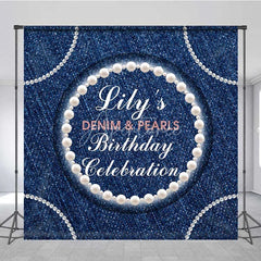 Aperturee - Aperturee Custom Denim and Pearls Birthday Backdrop Rustic Blue Jeans Photography Background