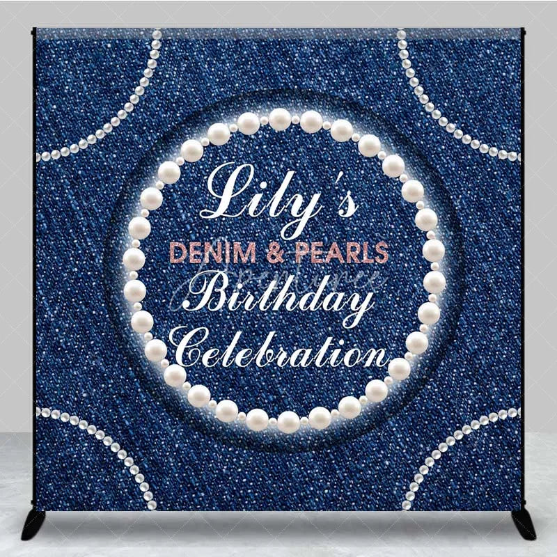 Aperturee - Aperturee Custom Denim and Pearls Birthday Backdrop Rustic Blue Jeans Photography Background
