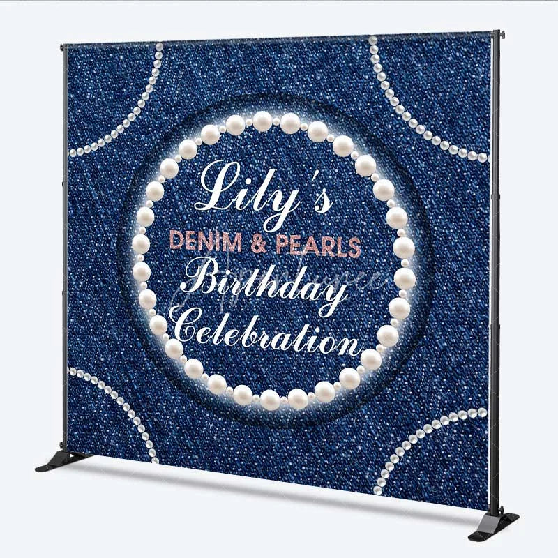 Aperturee - Aperturee Custom Denim and Pearls Birthday Backdrop Rustic Blue Jeans Photography Background