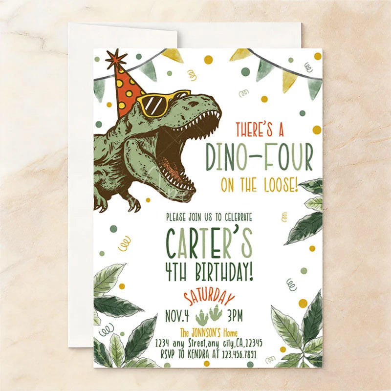 Aperturee - Aperturee Set of 20 Custom Dino Four Birthday Invitation Cute Dinosaur Party Card with Tropical Leaves and Confetti