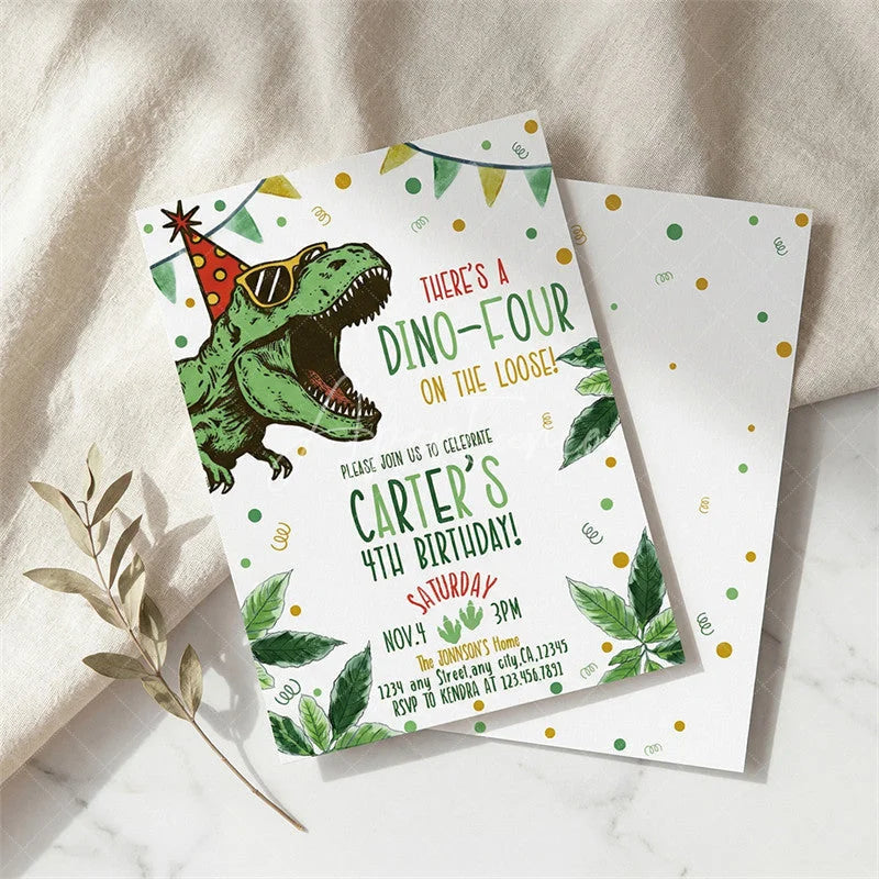 Aperturee - Aperturee Set of 20 Custom Dino Four Birthday Invitation Cute Dinosaur Party Card with Tropical Leaves and Confetti