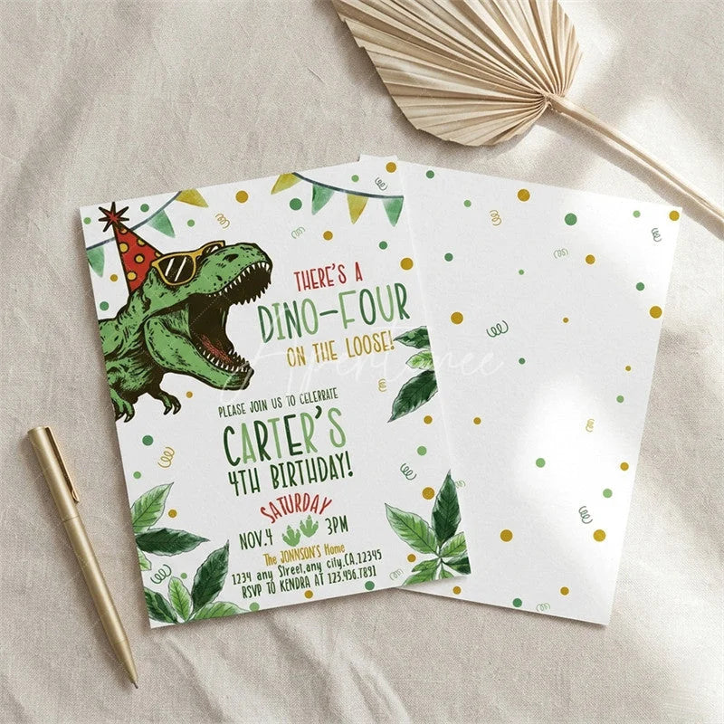 Aperturee - Aperturee Set of 20 Custom Dino Four Birthday Invitation Cute Dinosaur Party Card with Tropical Leaves and Confetti