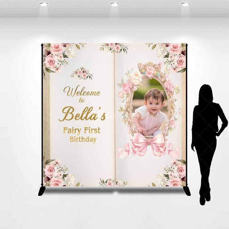 Aperturee Aperturee Custom Fairy First Birthday Backdrop Princess Story Book Theme with Photo Personalized Enchanted Forest Decor