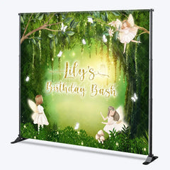 Aperturee - Aperturee Custom Fairy Forest Birthday Backdrop with Green Trees Butterflies and Glitter Lights Personalized Party Decor