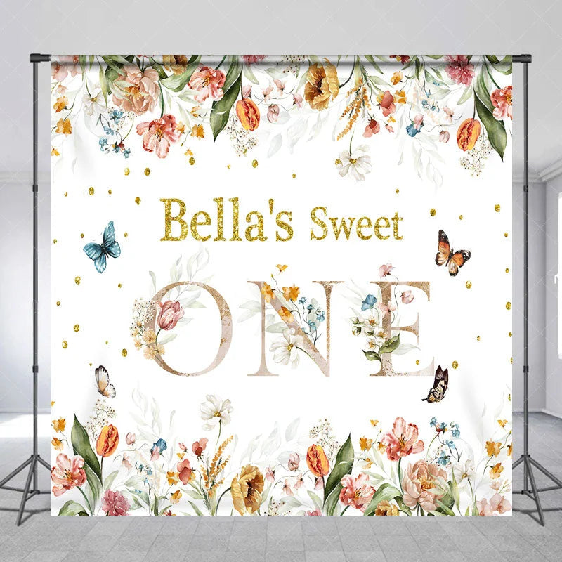 Aperturee - Aperturee Custom Floral Sweet One Birthday Backdrop with Glitter Text and Butterflies for Baby Girl First Birthday Party