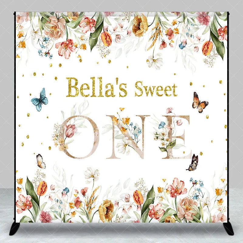 Aperturee - Aperturee Custom Floral Sweet One Birthday Backdrop with Glitter Text and Butterflies for Baby Girl First Birthday Party