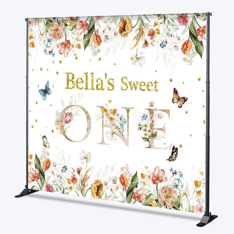 Aperturee - Aperturee Custom Floral Sweet One Birthday Backdrop with Glitter Text and Butterflies for Baby Girl First Birthday Party