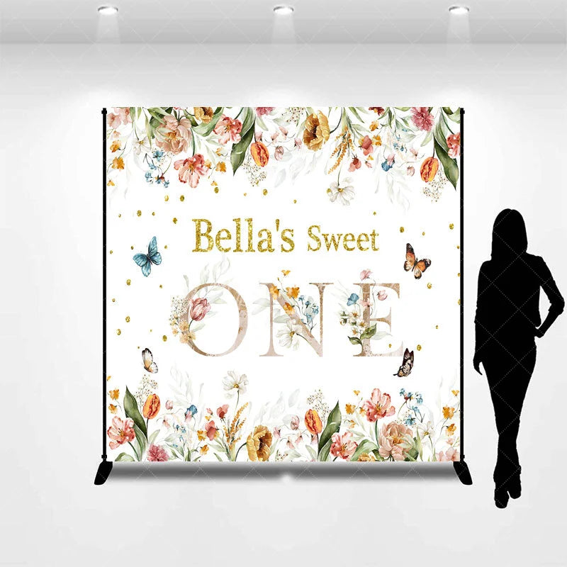 Aperturee - Aperturee Custom Floral Sweet One Birthday Backdrop with Glitter Text and Butterflies for Baby Girl First Birthday Party