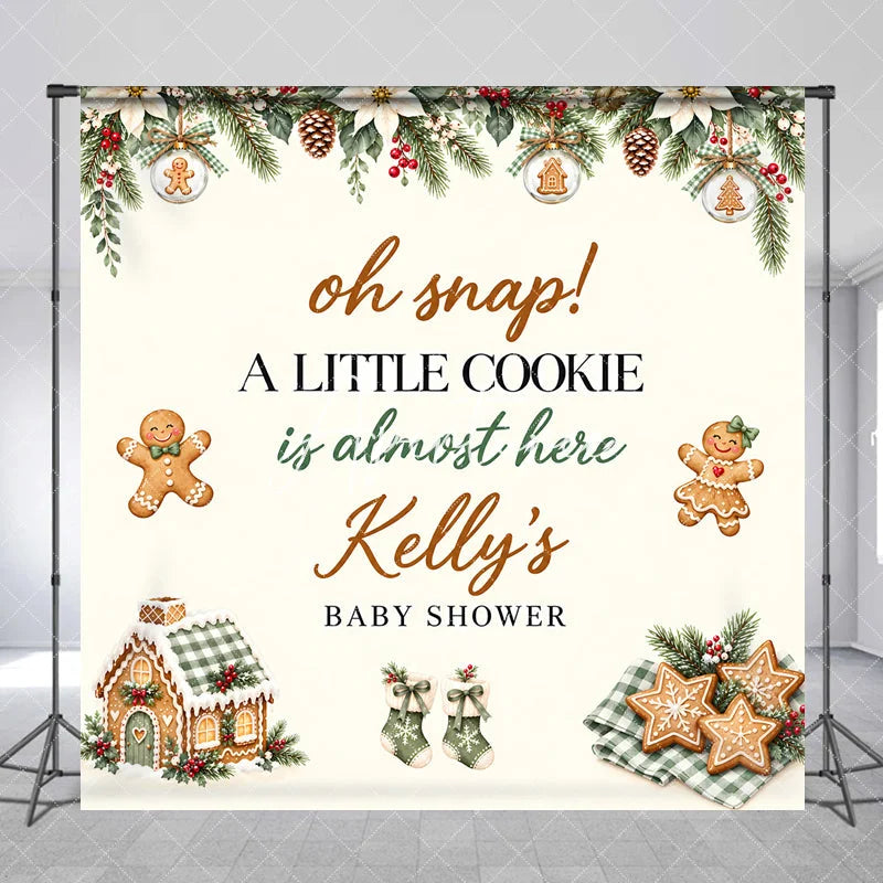 Aperturee - Aperturee Custom Gingerbread Cookie Baby Shower Backdrop Oh Snap A Little Cookie Is Almost Here Winter Poinsettia Garland Decor