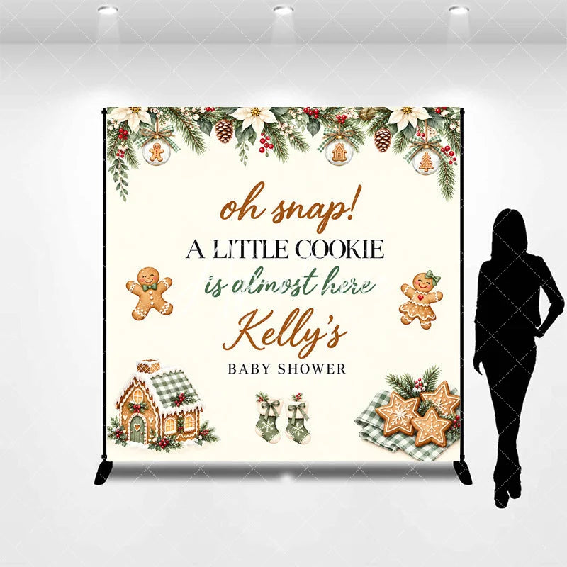 Aperturee - Aperturee Custom Gingerbread Cookie Baby Shower Backdrop Oh Snap A Little Cookie Is Almost Here Winter Poinsettia Garland Decor