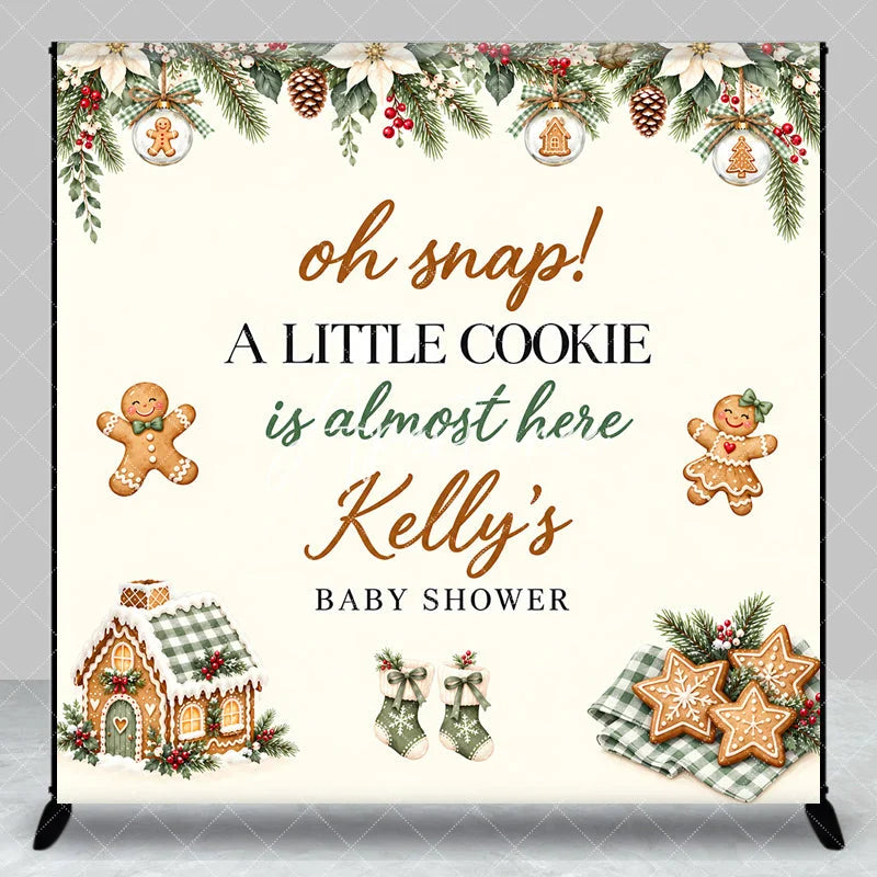 Aperturee - Aperturee Custom Gingerbread Cookie Baby Shower Backdrop Oh Snap A Little Cookie Is Almost Here Winter Poinsettia Garland Decor