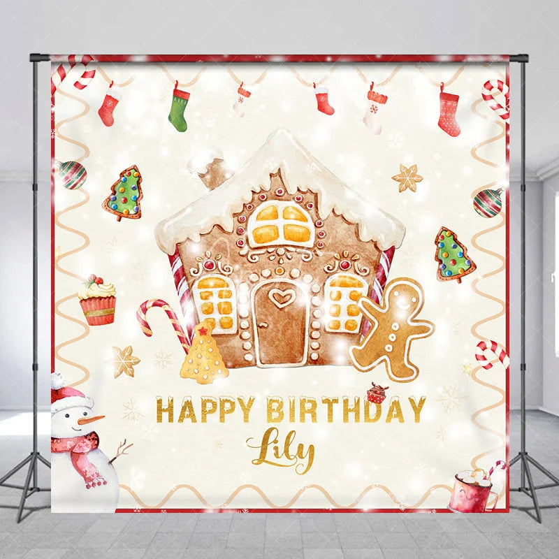 Aperturee - Aperturee Custom Gingerbread House and Snowman Happy Birthday Backdrop with Candy Canes Winter Christmas Party Decor