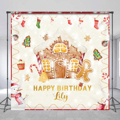 Aperturee - Aperturee Custom Gingerbread House and Snowman Happy Birthday Backdrop with Candy Canes Winter Christmas Party Decor