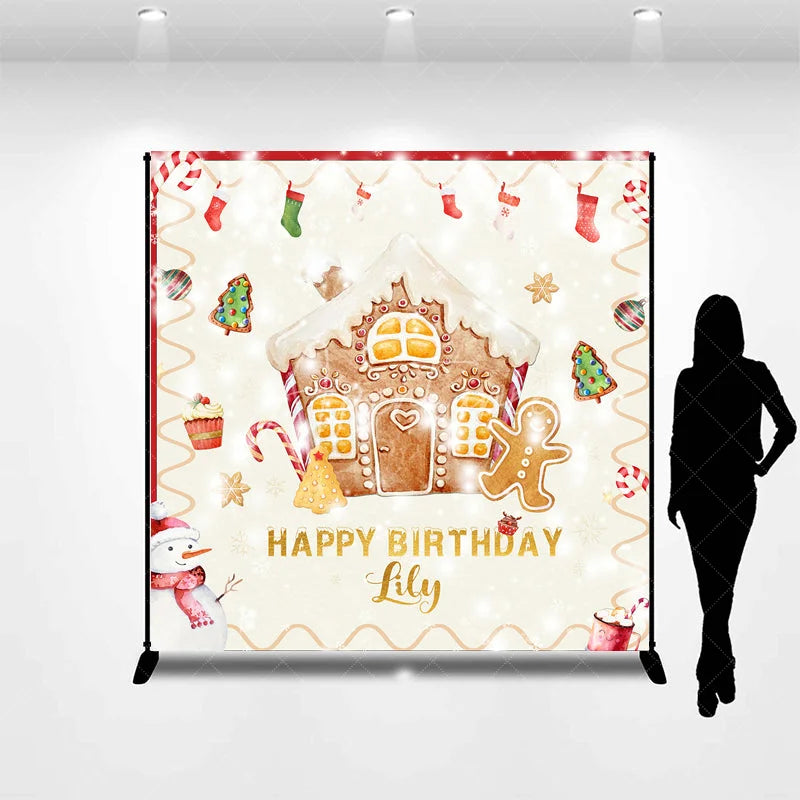 Aperturee - Aperturee Custom Gingerbread House and Snowman Happy Birthday Backdrop with Candy Canes Winter Christmas Party Decor