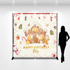 Aperturee - Aperturee Custom Gingerbread House and Snowman Happy Birthday Backdrop with Candy Canes Winter Christmas Party Decor
