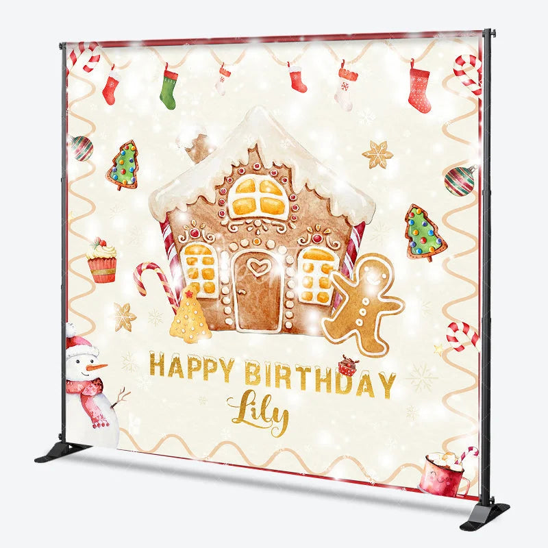 Aperturee - Aperturee Custom Gingerbread House and Snowman Happy Birthday Backdrop with Candy Canes Winter Christmas Party Decor