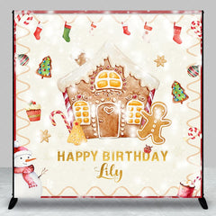 Aperturee - Aperturee Custom Gingerbread House and Snowman Happy Birthday Backdrop with Candy Canes Winter Christmas Party Decor
