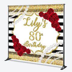 Aperturee - Aperturee Custom Gold Glitter Black Stripes 80th Birthday Backdrop with Red Roses and Pearls Elegant Party Decor