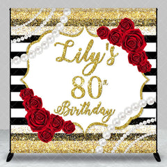 Aperturee - Aperturee Custom Gold Glitter Black Stripes 80th Birthday Backdrop with Red Roses and Pearls Elegant Party Decor
