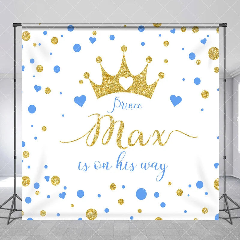 Aperturee - Aperturee Custom Gold Glitter Prince Baby Shower Backdrop with Blue Hearts Gender Reveal Decor