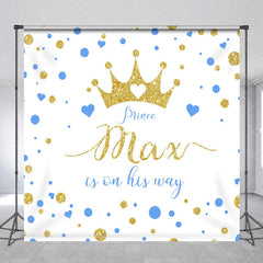 Aperturee - Aperturee Custom Gold Glitter Prince Baby Shower Backdrop with Blue Hearts Gender Reveal Decor