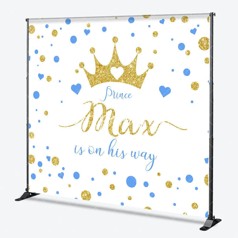 Aperturee - Aperturee Custom Gold Glitter Prince Baby Shower Backdrop with Blue Hearts Gender Reveal Decor