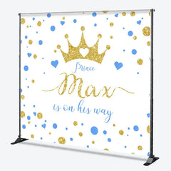 Aperturee - Aperturee Custom Gold Glitter Prince Baby Shower Backdrop with Blue Hearts Gender Reveal Decor