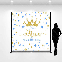 Aperturee - Aperturee Custom Gold Glitter Prince Baby Shower Backdrop with Blue Hearts Gender Reveal Decor