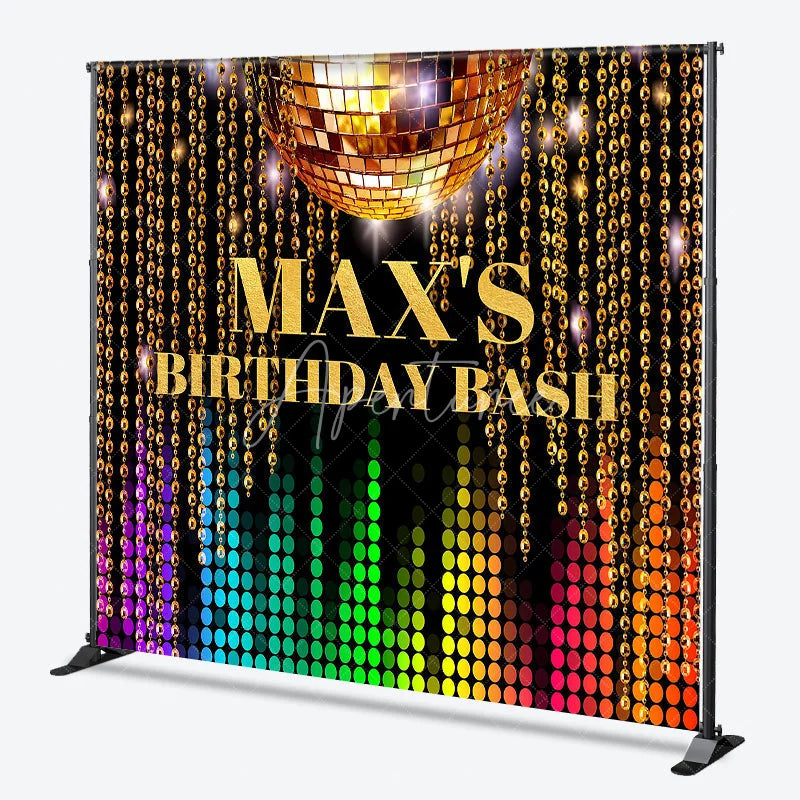 Aperturee - Aperturee Custom Golden Disco Ball and Colorful Equalizer Birthday Backdrop Vibrant Beaded Chains Party Decor