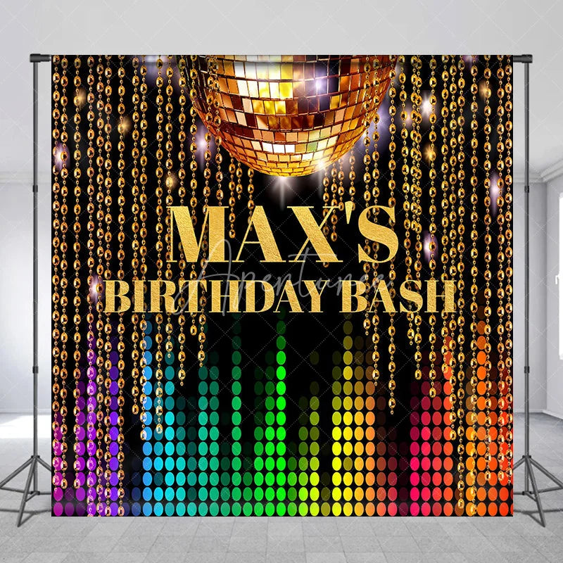 Aperturee - Aperturee Custom Golden Disco Ball and Colorful Equalizer Birthday Backdrop Vibrant Beaded Chains Party Decor