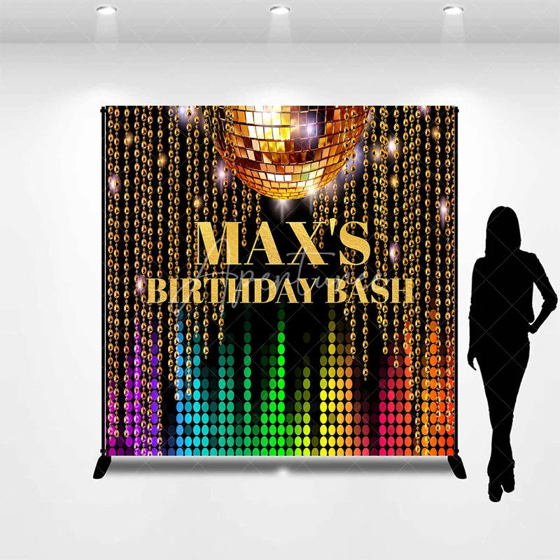 Aperturee - Aperturee Custom Golden Disco Ball and Colorful Equalizer Birthday Backdrop Vibrant Beaded Chains Party Decor