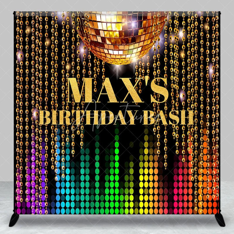 Aperturee - Aperturee Custom Golden Disco Ball and Colorful Equalizer Birthday Backdrop Vibrant Beaded Chains Party Decor