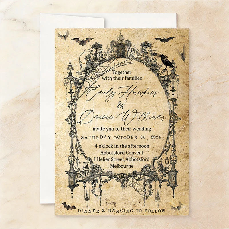 Aperturee - Aperturee Custom Gothic Set of 20 Halloween Wedding Invitation with Vintage Ornate Frame Personalized Spiderweb and Bat Design