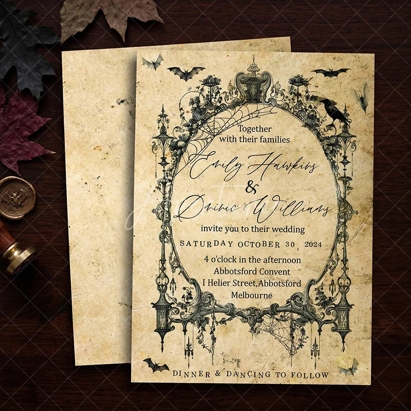 Aperturee - Aperturee Custom Gothic Set of 20 Halloween Wedding Invitation with Vintage Ornate Frame Personalized Spiderweb and Bat Design