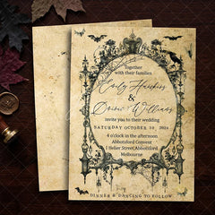 Aperturee - Aperturee Custom Gothic Set of 20 Halloween Wedding Invitation with Vintage Ornate Frame Personalized Spiderweb and Bat Design