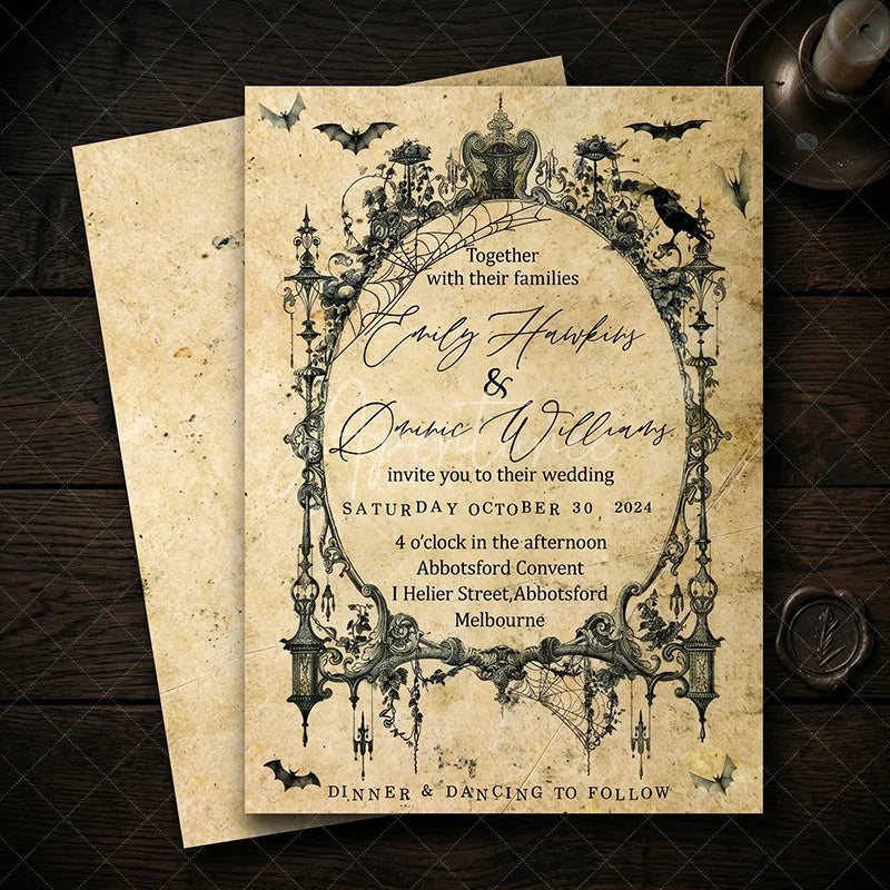 Aperturee - Aperturee Custom Gothic Set of 20 Halloween Wedding Invitation with Vintage Ornate Frame Personalized Spiderweb and Bat Design