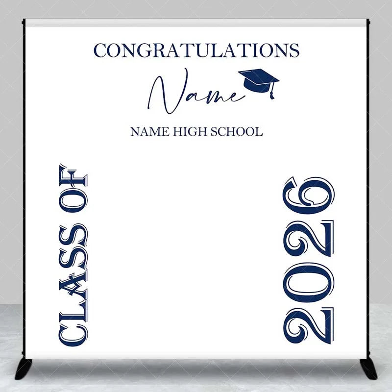 Aperturee - Aperturee Custom Graduation Backdrop Class of 2026 Navy Blue Text Minimalist School Sign