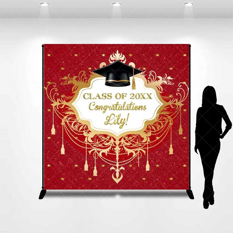 Aperturee - Aperturee Custom Graduation Backdrop Red Glitter Personalize Name Gold Frame Class of 20XX Background Prom Party Prop