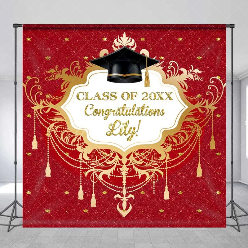Aperturee - Aperturee Custom Graduation Backdrop Red Glitter Personalize Name Gold Frame Class of 20XX Background Prom Party Prop