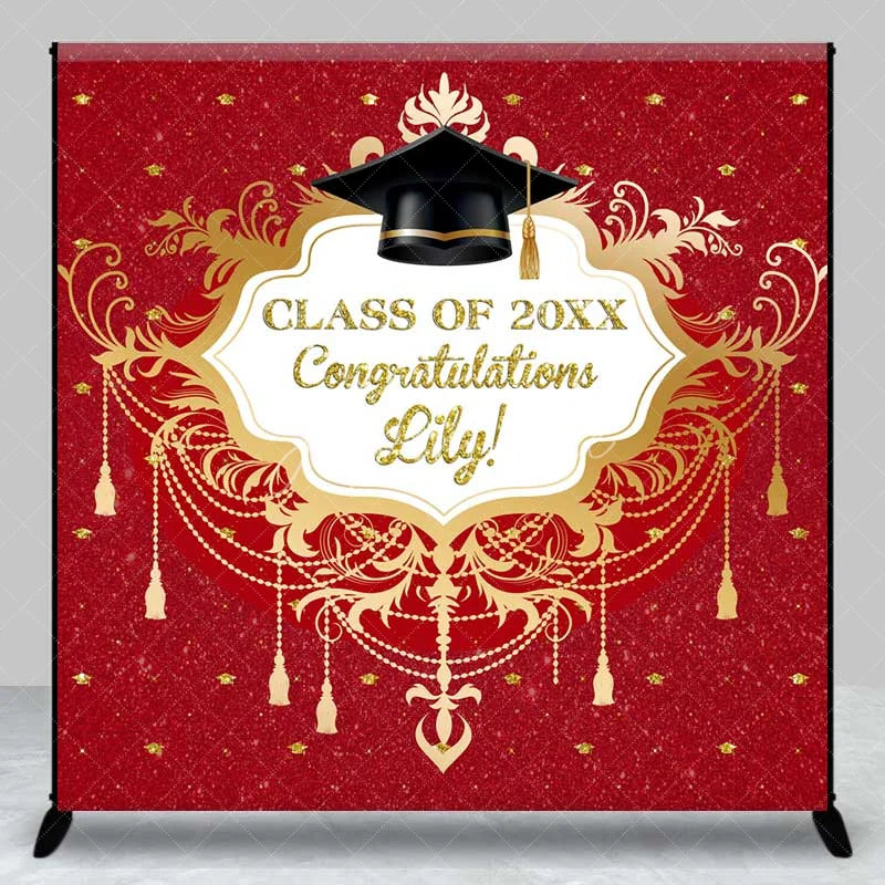 Aperturee - Aperturee Custom Graduation Backdrop Red Glitter Personalize Name Gold Frame Class of 20XX Background Prom Party Prop