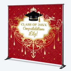 Aperturee - Aperturee Custom Graduation Backdrop Red Glitter Personalize Name Gold Frame Class of 20XX Background Prom Party Prop