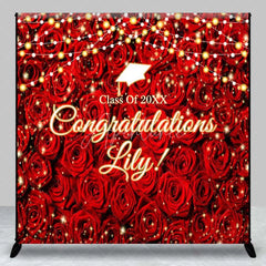 Aperturee - Aperturee Custom Graduation Backdrop Red Roses Personalize Name Floral Wall String Lights Background Prom Party Decoration