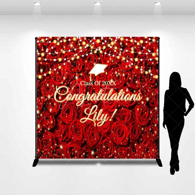 Aperturee - Aperturee Custom Graduation Backdrop Red Roses Personalize Name Floral Wall String Lights Background Prom Party Decoration