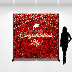 Aperturee - Aperturee Custom Graduation Backdrop Red Roses Personalize Name Floral Wall String Lights Background Prom Party Decoration