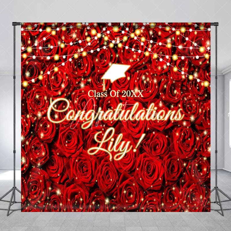 Aperturee - Aperturee Custom Graduation Backdrop Red Roses Personalize Name Floral Wall String Lights Background Prom Party Decoration