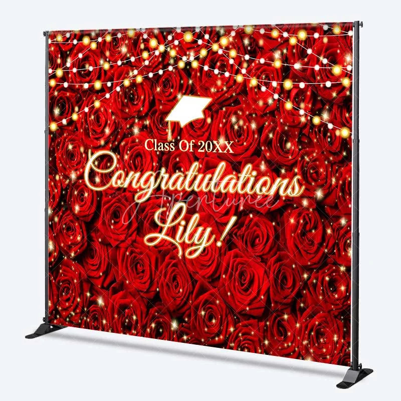 Aperturee - Aperturee Custom Graduation Backdrop Red Roses Personalize Name Floral Wall String Lights Background Prom Party Decoration